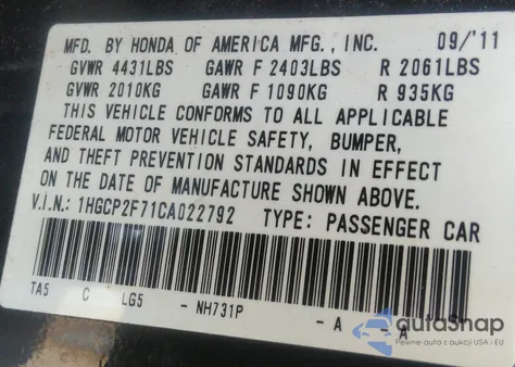 2012 Honda Accord 2.4 Ex z USA, uszkodzony, nr VIN 1HGCP2F71CA022792